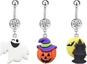 [FLOGWE] 14G 3 PCS 316L Halloween Belly Button Rings Surgical Steel Resin Pumpkin Ghost Pendant Navel Rings Belly Button Barbells Body Piercing Jewelry for Women Men, Stainless Steel Synthetic Resin,