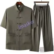Chinese Ethnic Men Outfit Tang Suit Set T-Shirt Pants Embroidered Martial Art