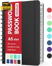 Password Book with Individual Alphabetical Tabs, 5.3"X7.6" Medium Size Password
