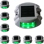8 Pack Upgraded Solar Driveway Marker Lights, Solar Powered Deck Lights Outdoor Waterproof LED Boat Dock Lights Aluminium Warning Step Lighting for Path Walkway (Green Always On)