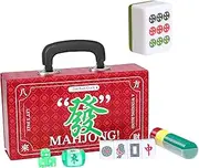 Jongyance Chinese Mahjong Set, Large Mahjong Tiles Set with 144 Numbered Green Back Color Tiles, Red Case, Chinese Mahjong Game Set (Majiang, 麻將)