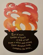 Halloween Greeting Card Eye of Newt Cauldron Cutout Glitter Flame Hallmark NOS