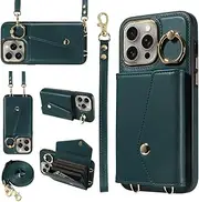 Wallet Shoulder Strap Case for iPhone 15 Pro Max 14 12 13 Pro Max 15 Plus Finger Ring Leather Card Pocket Lanyard Back Cover,Dark Green,for iPhone 13Pro Max