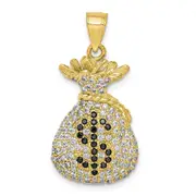 10k Yellow Gold Black and Clear CZ Micro Pave Money Bag Pendant