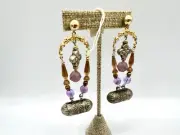 Vintage Amethyst Gemstone Old Silver Beads Pierced Dangle Earrings Purple Ro-Do