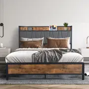 Levede Queen Bed Frame Industrial Tufted Soft Storage Headboard USB Charge