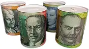 1pcs Money Tin Australian Box Jar Piggy Bank Coin Save in Style, Trendy Saving Souvenir 10 20 Dollar Notes AU Design Random Notes (Small：D8.1cm x H11.7cm)