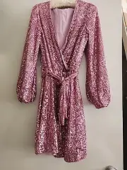 Portmans Sequin Wrap Belted Shadow Pink Dress. Size 10. Worn Once. NYE Party