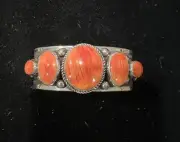 Navajo Albert Jake Spiny Oyster Stamped Cuff Sterling Silver