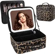 [DaizySight] Travel Makeup Bag with Led Light Mirror, Large Capacity Cosmetic Organizer Vanity Travel Case for Make up with Adjustable Compartment - Leopard Print, Leopard Pattern, medium-sized, Fashion