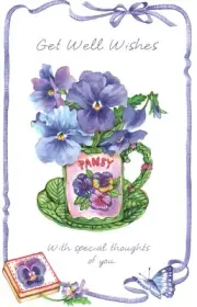 Get Well Purple Pansies Pansy Teacup Ribbon Greeting Card