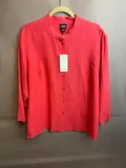 NWT Eileen Fisher Shirt Women's 1X Coral Linen Mandarin Collar Raw Hem Coastal