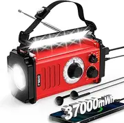 37000mWh Hand Crank Emergency Radio, Portable Solar AM/FM/NOAA Weather Radio with Rechargeable Battery Powered, USB Charger, SOS Alarm, Flashlight/Reading Lamp for Home Outdoor Survival-Red