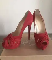 NWB Christian Louboutin Aborina 150 Red Suede Criss Cross Platform Pumps EU40