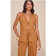 Tan Tie Front Linen Look Sleeveless Top, Tan