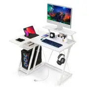 Costway L-Shaped Gaming Desk Computer Desk w/Monitor Shelf Headphone Hook Outlets & USB Ports White