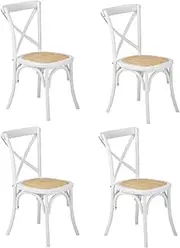 Oikiture Wooden Dining Chairs Set of 4 Kitchen Chairs Set with Rattan Padded and Cross Back Rests Accent Chairs for Home and Cafe White