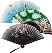 [ZYDYRX] Pack of 3 Folding Hand Fans Bamboo Foldable Fan Hand Fan with Tassel Silk Japanese Pocket Fans for Wall Decoration Wedding Party