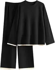 [Generic] Women's Knitted Lounge Sets O-Neck Loose Split Tops Elastic Waist Wide Legs Pants Female Knitted Loungewear Sets