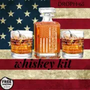 whiskey decanter engraved with etched of american flag with 2 glasses set