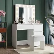 Ufurniture Dressing Table Set 12 LED Adjustable Bulbs Makeup Mirror Vanity Desk with 3 Drawers Thick Cushioned Stool Dresser White