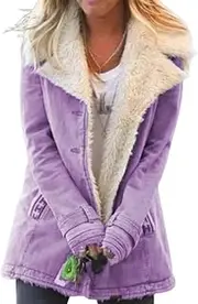 [EdNey] Winter Jackets For Women Plus Size Lamb Wool Outdoor Warm Thick Lining Fleece Jacket Lapel Collar Button Down Outerwear, Purple, Large