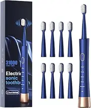 [AJELU] IPX7 Waterproof Sonicare Electric Toothbrush, 2-Hour Fast Charge with Intelligent Time Reminder, 5 Modes, 8 Brush Heads, Travel, Indoor, Outdoor, Blue