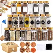 24 Pcs Spice Jars with Labels, Yakiter 120 Ml Glass Spice Jars with Bamboo Lids, Kitchen Sealed Storage Jar With Lid, Spice Glass Jar, Empty Spice Jar For Kitchen, Cabinets, Drawers (24 Bottles)
