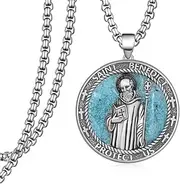 [Sbzxbt] St Benedict Necklace 925 Sterling Silver Turquoise St Benedict Medals Protection Jewelry Gifts for Men Father Husband, No, Sterling Silver, No Gemstone