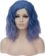 BUFASHION 14" Women Short Ombre Light Blue Kinky Straight Cosplay Synthetic Wigs With Air Bangs 46 Colors Available (Ombre Light Blue 1)