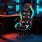 Ufurniture Gaming Office Chair RGB LED Lights,High Back Massagers Racing Recliner with Footrest,Ergonomic Executive Computer Chair with Lumbar Support,360°Swivel,10cm Height Adjustment Black