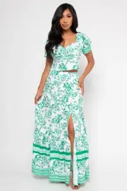 Green Paisley Print Crop Top and Maxi Skirt Set Size Small Slit Leg