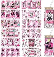 12 Sheets Halloween UV DTF Cup Wraps, Scary Movie Characters Rub on Transfers for Crafts, Halloween Transfer Stickers for Glass Cups, Pink UV DTF Decals, Horror Stickers No Heat Needed Ready to Apply
