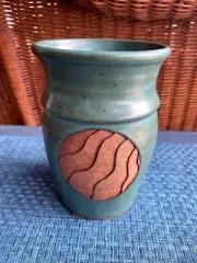 Artist Signed Studio Art Pottery 7 1/2” Vase Stunning Teal & Sand Dunes New