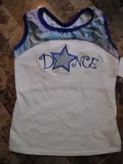 NEW ladies adult SMALL DANCE SHIRT TOP foil JAZZ HIP HOP shelf bra LEOTARD blue