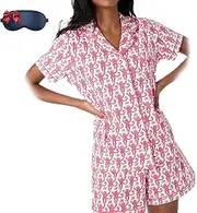 [Generic] Monkey Pajamas Pjs Shorts Sets, Pink Palm Puff Pajamas, y2k Cute Rabbit Heart Print Lounge 2 Piece Shirts Sets