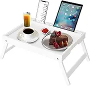 Bed Tray Table with Handles Folding Legs Bamboo Breakfast Food Tray with Media Slot for Platters,Laptop Desk,Snack,TV Tray Kitchen Serving Tray (White)