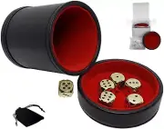 (6) Zinc Alloy Dice Gold Black w/Pouch + PU Leather Red Felt Lined Cup Lid Boxed