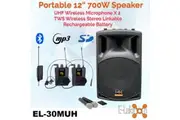 E-Lektron EL30-MUH 700W 12" inch Bluetooth Wireless linkable Loud Portable PA Speaker Sound System incl.2 Handheld +2 Headset Mics for Karaoke Coach Speech Singing