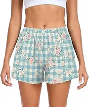 [FRODOTGV] Flowers Light Blue Ginghams Women Athletic Shorts with Pockets Work Out Shorts for Running Lounging Fishing Hiking S