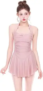 [TTYAO REII] Halter Neck One-Piece Swimsuit Dress for Women Tummy Control Bathing Suit Slimming Swimwear for Hot Spring, Pink, Medium-Large Short