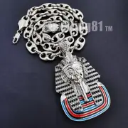 PHARAOH KING TUT Iced Silver plated Cubic Zirconia Charm & Marina Chain Necklace