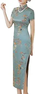 [Generic] Cheongsam Traditional Pattern Long Sleeve Mandarin Collar Side Split Tea Length Dress Chinese Qipao New Year Party Costume