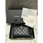 二手便宜出 CHANEL 黑金 荔枝紋牛皮 金扣 中夾 A48667 扣式卡夾 錢包 卡包 卡夾