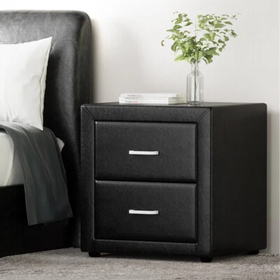 Black Bedside Table PU Leather lamp Desk 2 Drawer Bedroom Furniture Storage