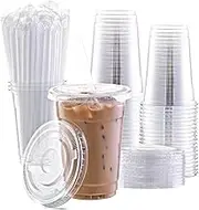100 Pack 16oz Plastic Cups with Lids and Straws, Reusable Clear Plastic Cups with Lids for Iced Coffee, Smoothie, Milkshake and Cold Drinks，Durable,BPA Free, Recyclable