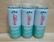 3 CANS: EVIAN SPARKLING CUCUMBER & MINT MINERAL ENHANCED magnesium & zinc 11.2z