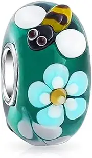 [Bling Jewelry] Mixed Garden Insect Ladybug Butterfly Bumble Bee Flower Lamp Work Murano Glass .925 Sterling Silver Core Spacer Bead Fits European Charm Bracelet For Women