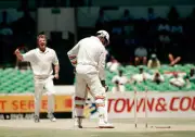 Man of the series Craig McDermott bowls England batsman Devon- Old Cricket Photo