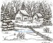 Winter Barn Fence Spruce Trees Wood Mounted Rubber Stamp NORTHWOODS P6784 New